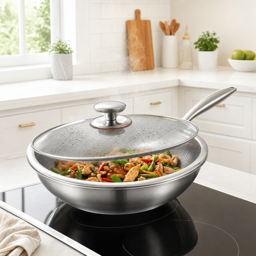 Titanium Wok Pan Flat Bottomed + Free Lid